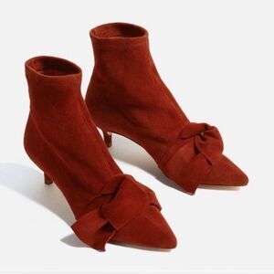 ZARA Brick Red Suede Pointed Toe Kitten Heel Ankle Sock Boots w/Bow Detail